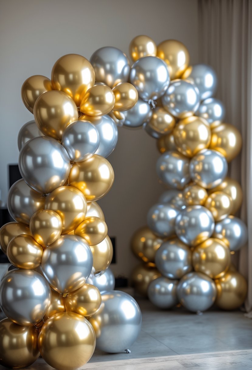 A metallic balloon arch made of gold and silver balloons arranged in a festive setting.