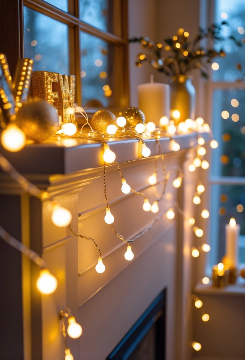 Indoor scene with warm white LED string lights draped around a mantelpiece and window, surrounded by New Year decorations like ornaments and candles.
