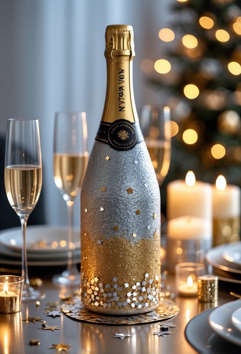 A glittery champagne bottle centerpiece on a decorated table with candles and fairy lights for a New Year celebration.