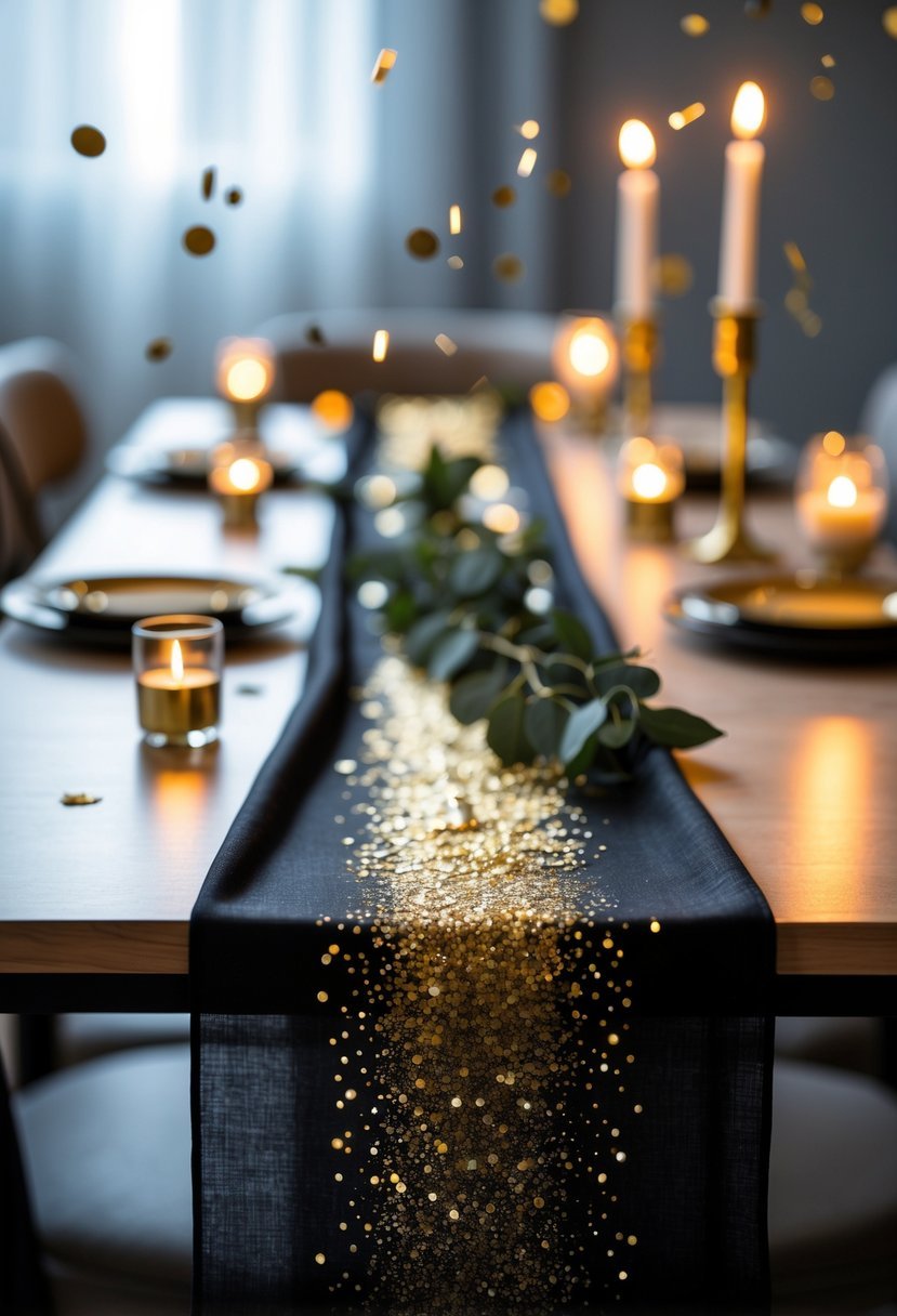 A dining table with a black and gold table runner decorated with candles, gold confetti, and greenery.