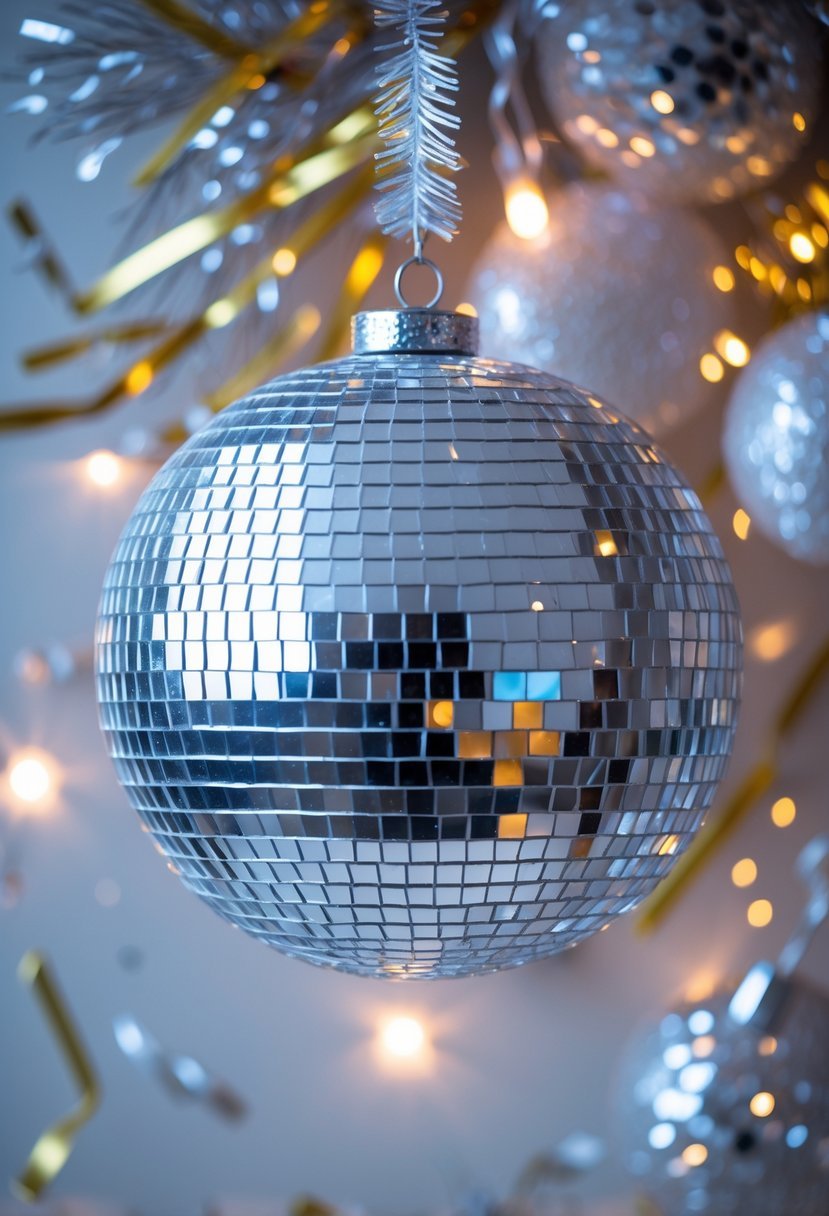 A mirror disco ball hanging with colorful lights and New Year decorations in the background.