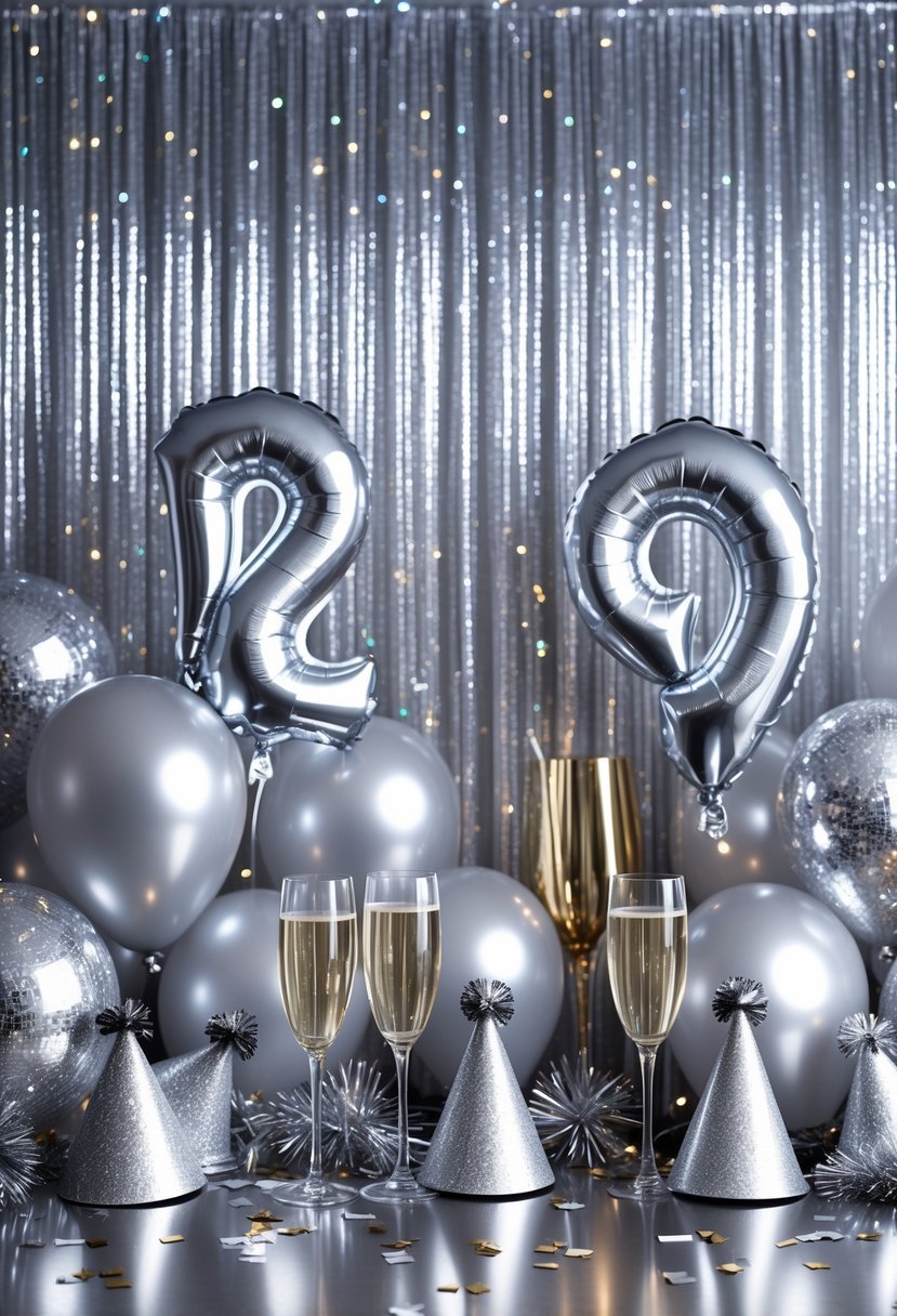 A festive arrangement of New Year decorations in front of a silver tinsel curtain backdrop.