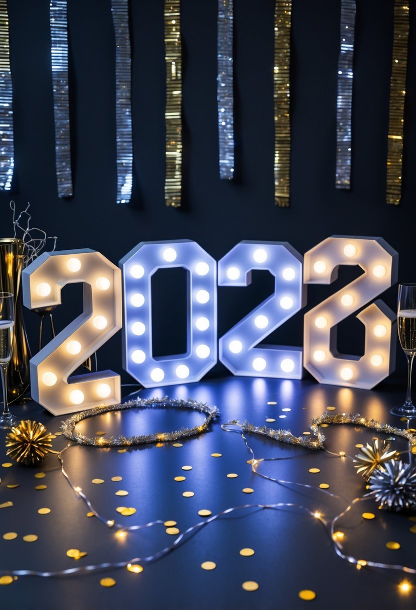 A festive arrangement of glowing '2026' marquee lights surrounded by New Year decorations such as confetti, fairy lights, and party elements.