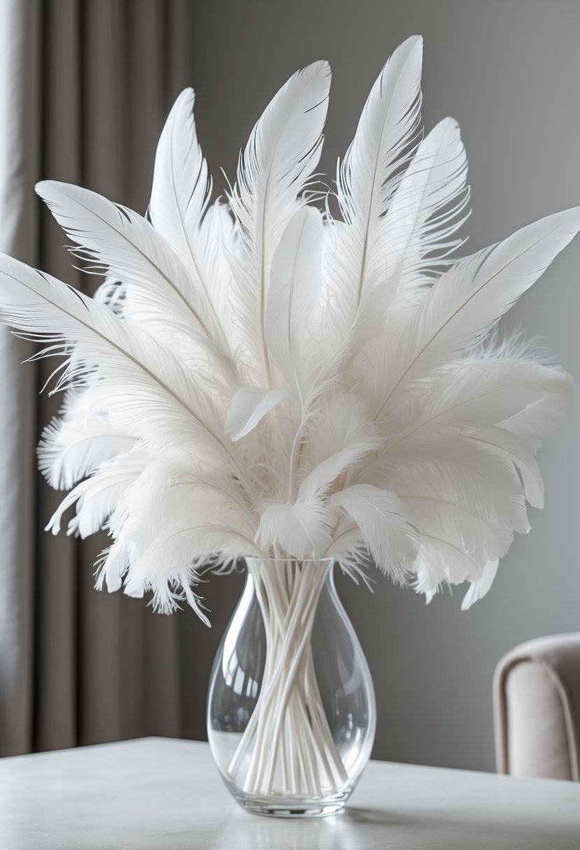 A clear glass vase filled with elegant white feather plumes on a plain surface with a softly blurred background.