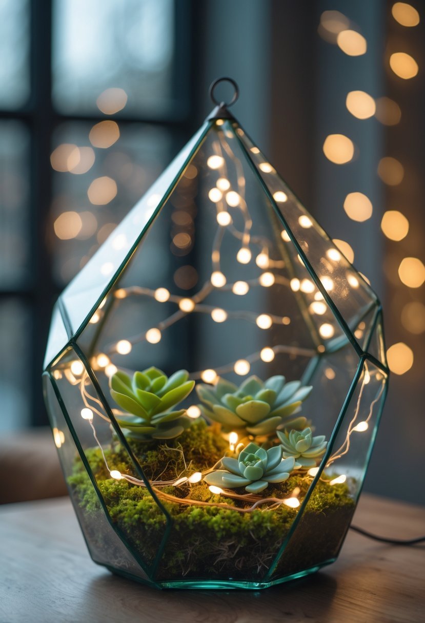 A geometric glass terrarium with small green plants and warm white fairy lights inside, placed on a wooden surface.