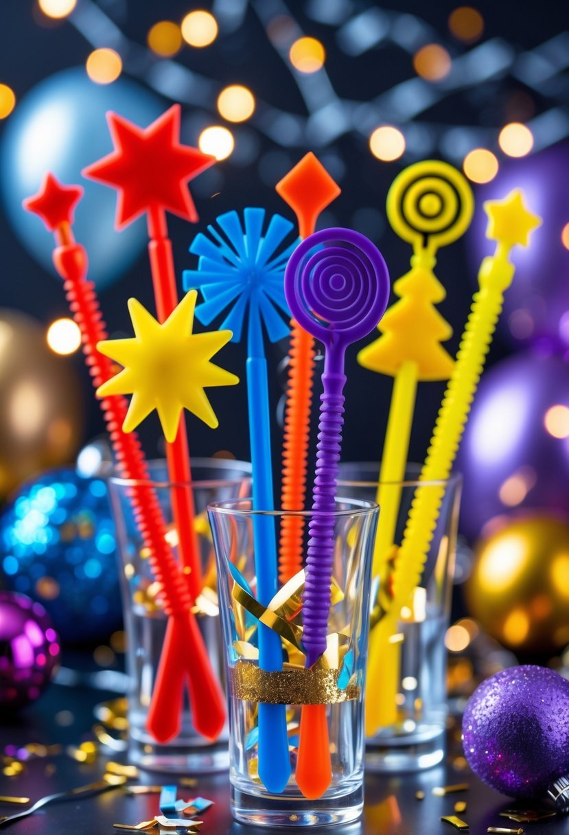 An arrangement of colorful cocktail stirrers displayed in glass containers with festive New Year decorations in the background.
