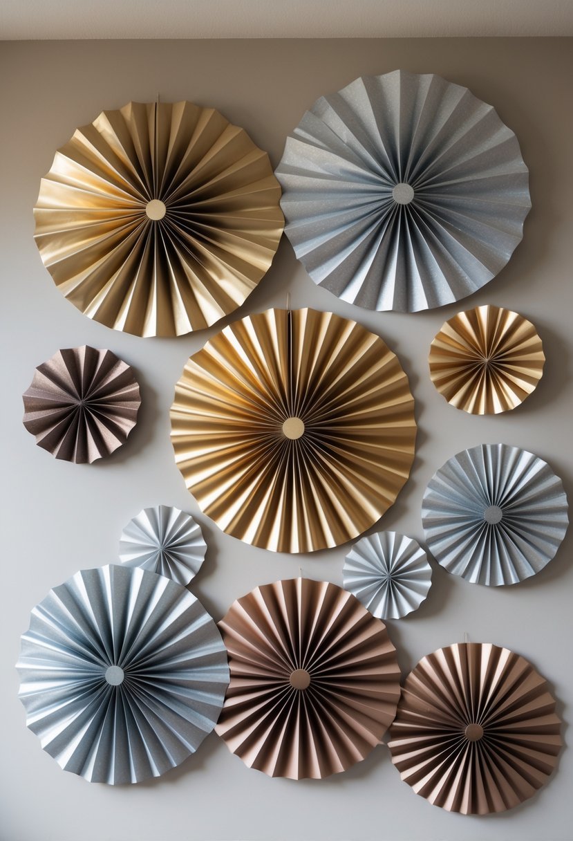 A decorative wall display featuring metallic paper fans in gold, silver, and bronze arranged in a layered pattern.