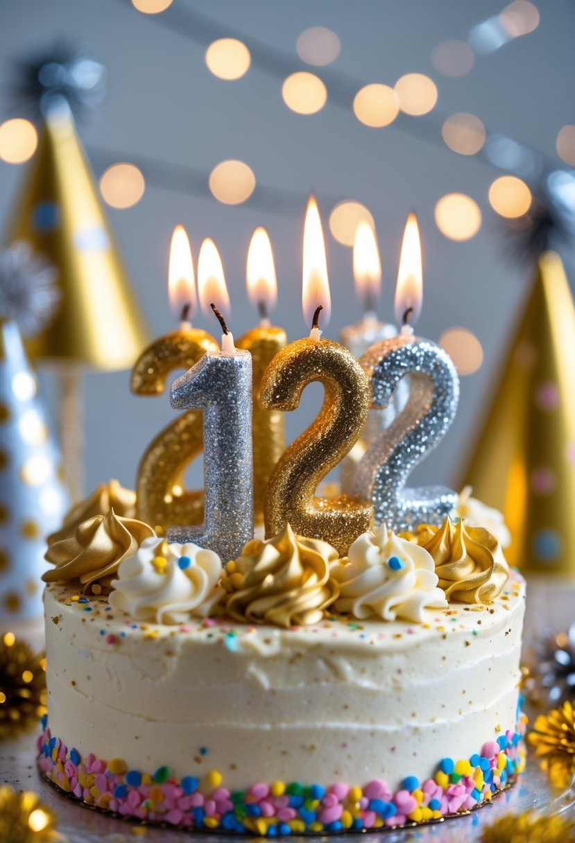 Close-up of glittery number candles on a decorated cake surrounded by New Year party decorations.
