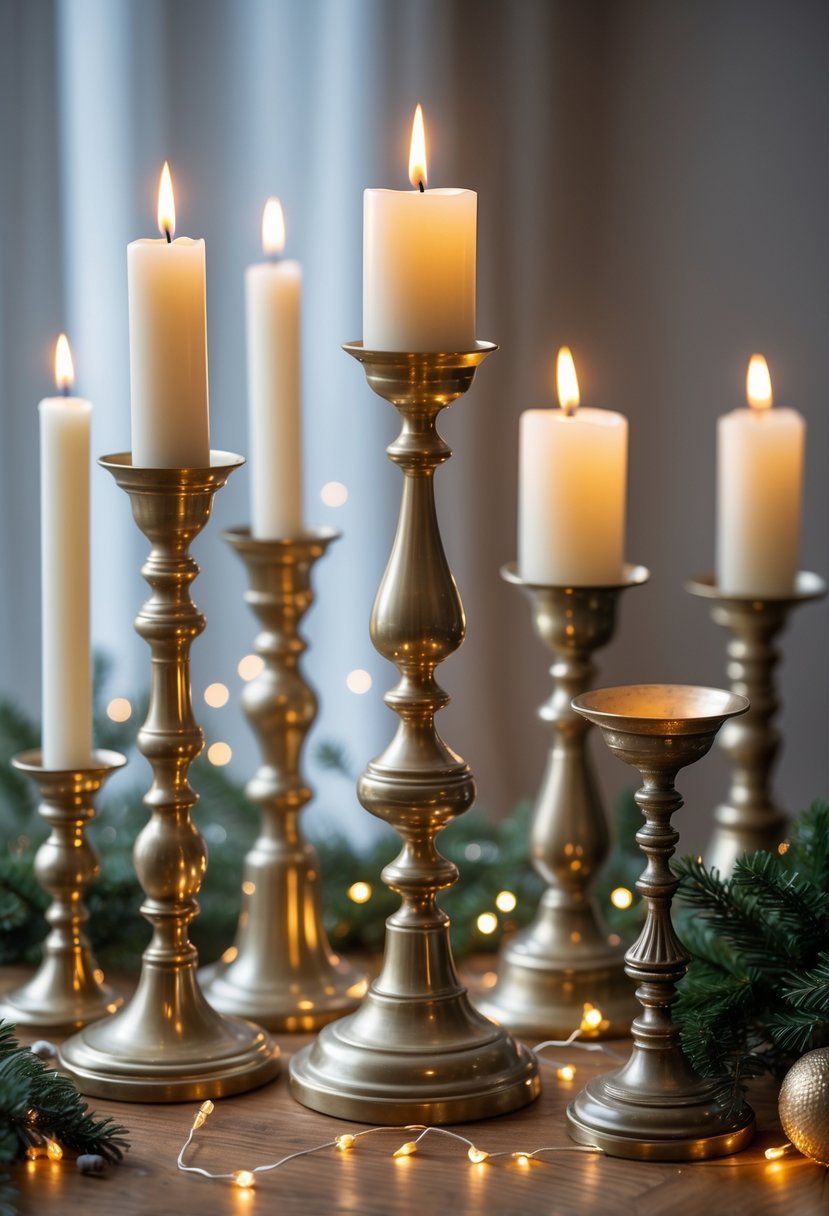 A wooden table with several brass candlesticks surrounded by New Year decorations like gold confetti, fairy lights, and evergreen sprigs.