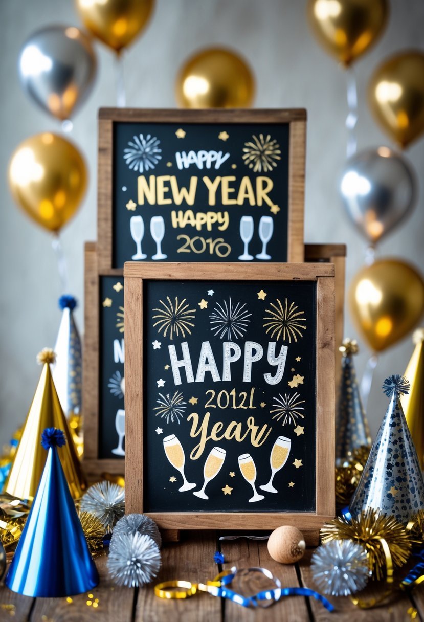 A collection of chalkboard signs surrounded by New Year decorations like balloons, party hats, streamers, and lights on a wooden table.