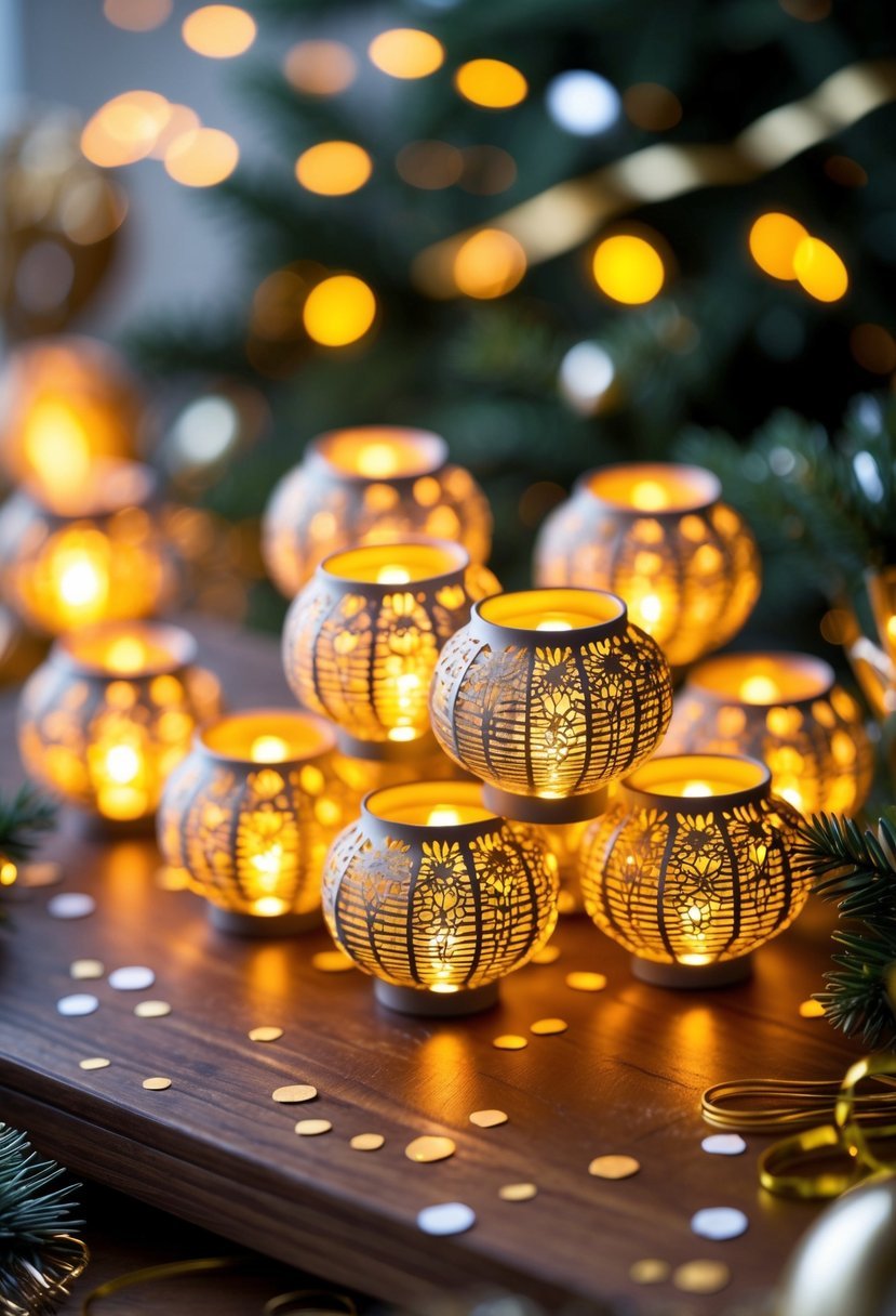 Clustered mini LED lanterns glowing warmly surrounded by New Year decorations on a wooden surface.