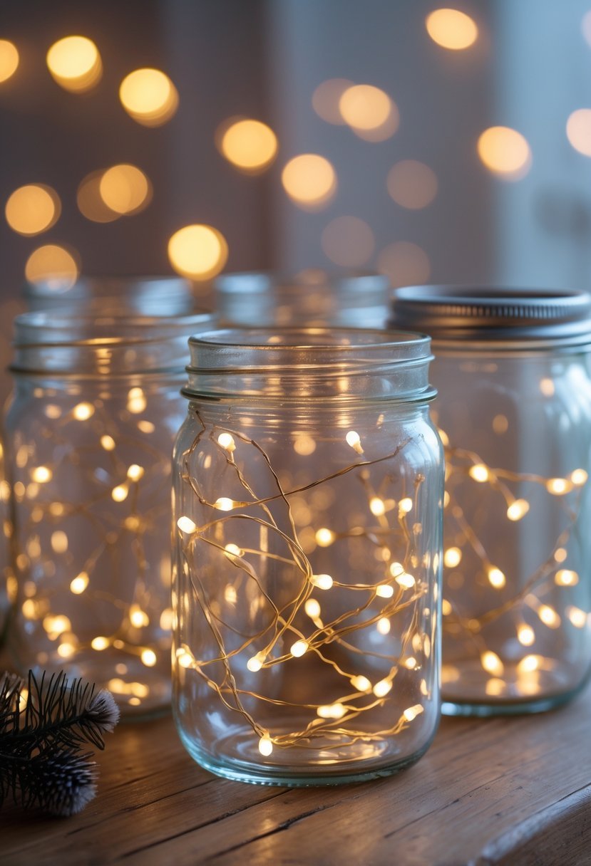 Glass jars filled with glowing fairy lights arranged on a wooden surface with warm bokeh lights in the background.