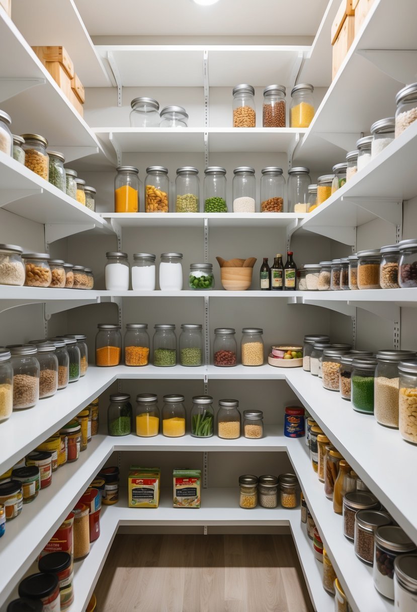 A walk-in pantry with adjustable shelves filled with organized kitchen items like jars, cans, and fresh produce.