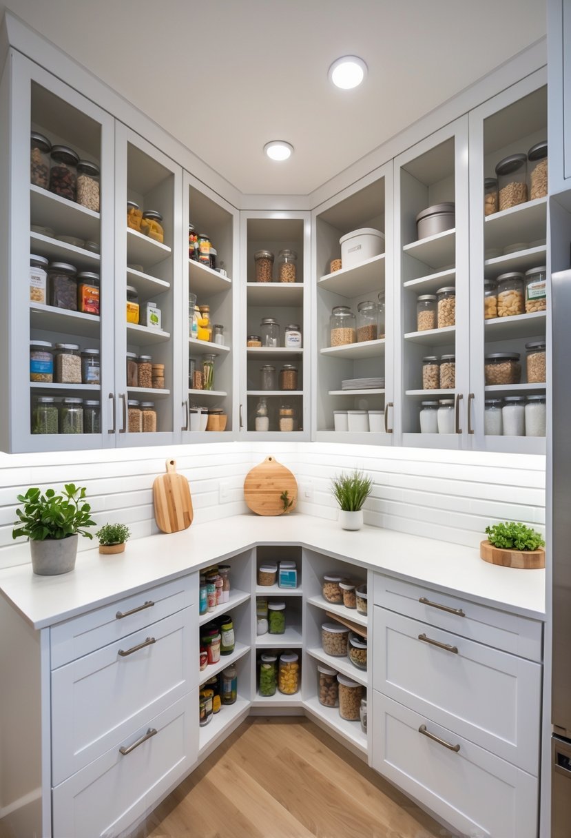 A modern kitchen with an L-shaped pantry in a corner, showing organized shelves filled with pantry items and bright natural lighting.