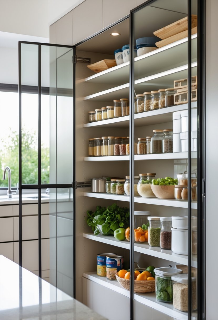 A modern kitchen with glass-front pantry doors showing organized shelves filled with kitchen items.
