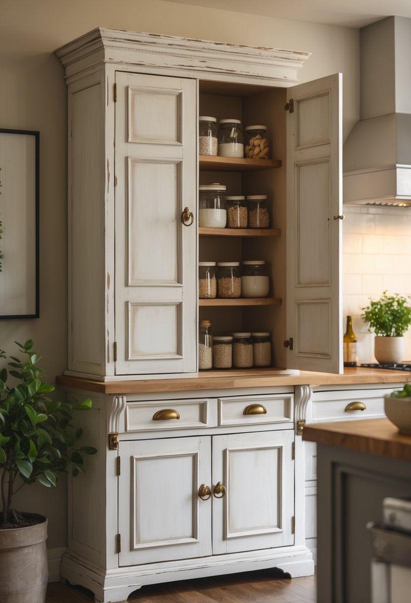 A freestanding pantry cabinet in a kitchen with shelves holding jars and containers, next to a wooden countertop with a plant and a bowl.