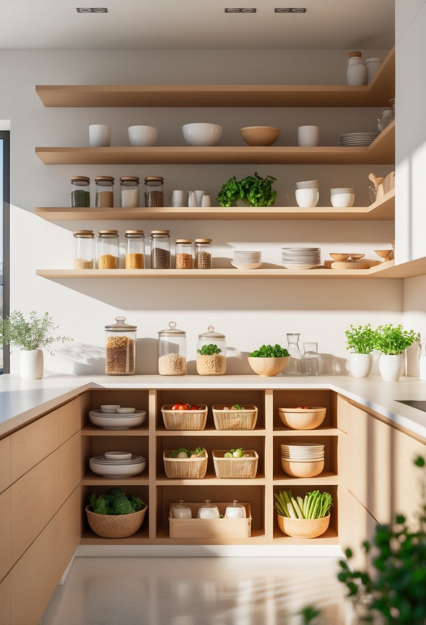 An open shelving pantry in a kitchen with organized jars, baskets, and dishes on wooden shelves.