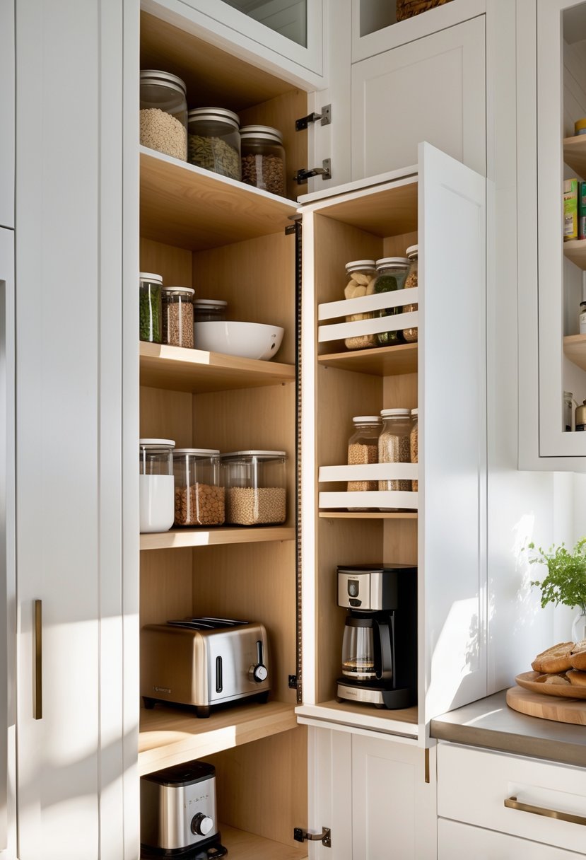 A kitchen pantry with white cabinets and an integrated appliance garage storing small kitchen appliances and organized shelves with jars and canned goods.