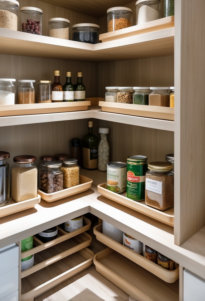 Corner kitchen cabinet with rotating Lazy Susan trays holding organized pantry items like jars and spices.