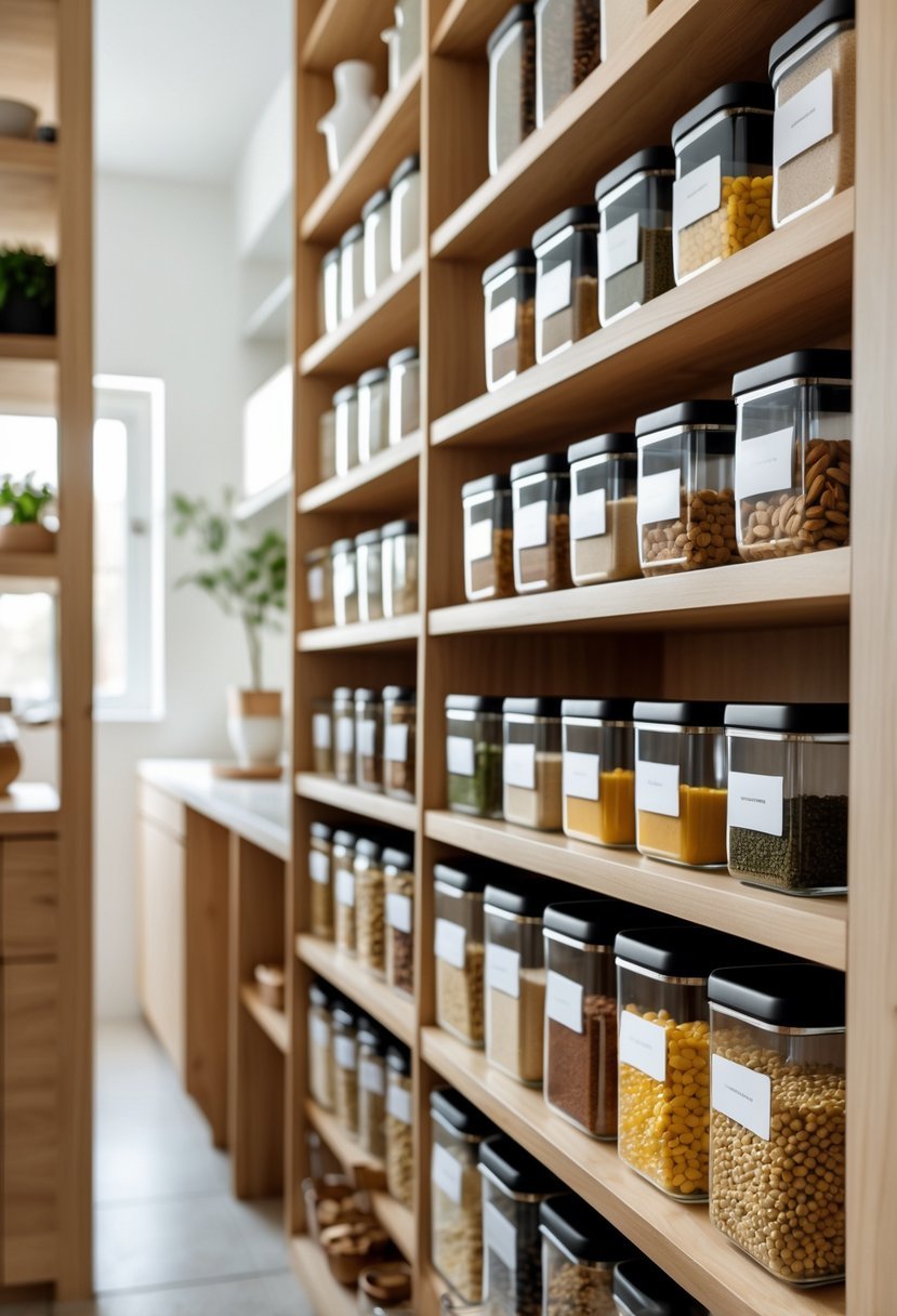 A neatly organized kitchen pantry with clear storage containers filled with various dry foods arranged on wooden shelves.