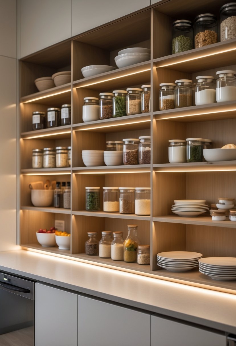 A well-organized kitchen pantry with shelves illuminated by under-cabinet lighting, containing jars, canned goods, and kitchenware.