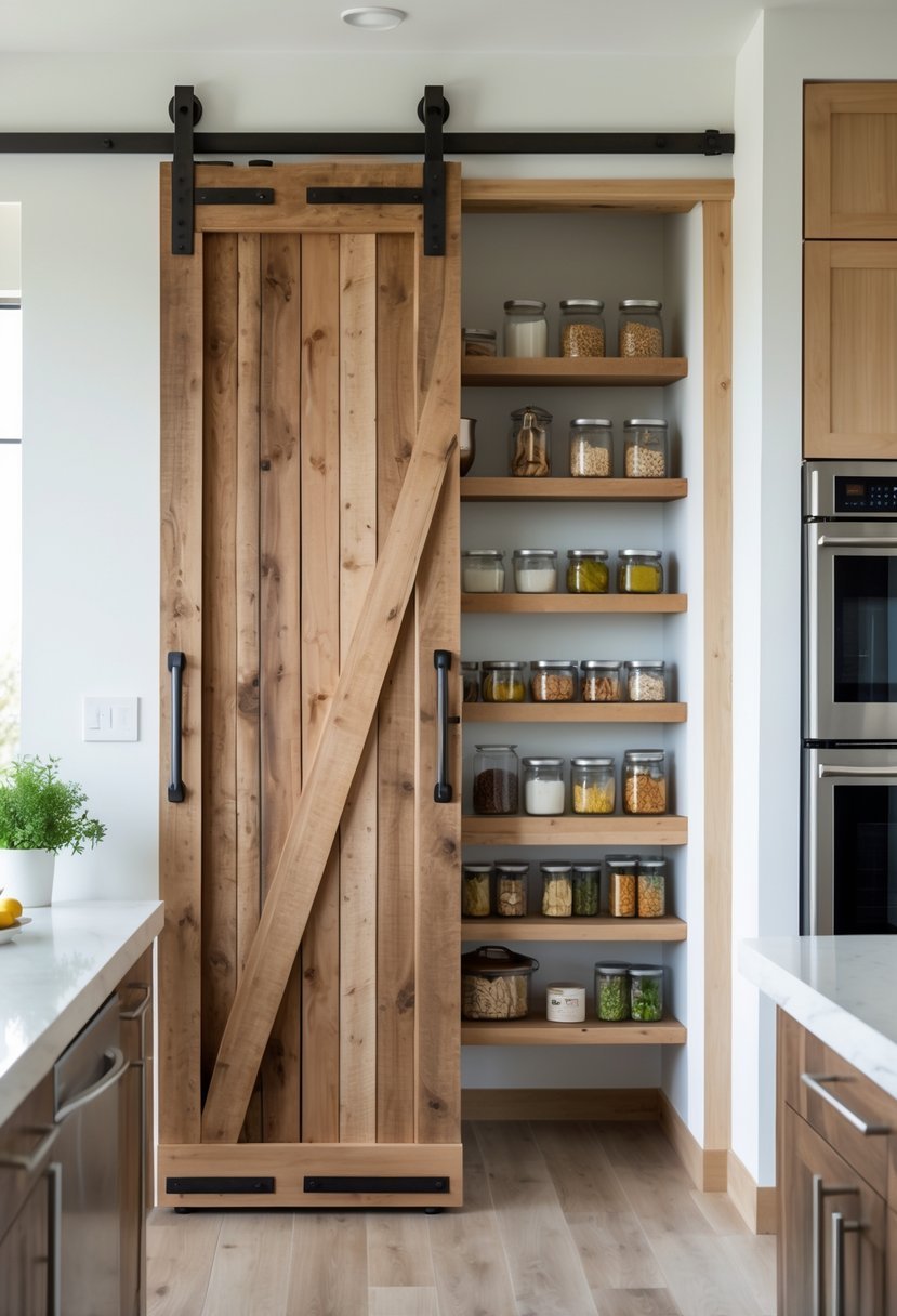 A modern kitchen with a sliding barn door partially open, revealing a neatly organized pantry inside.