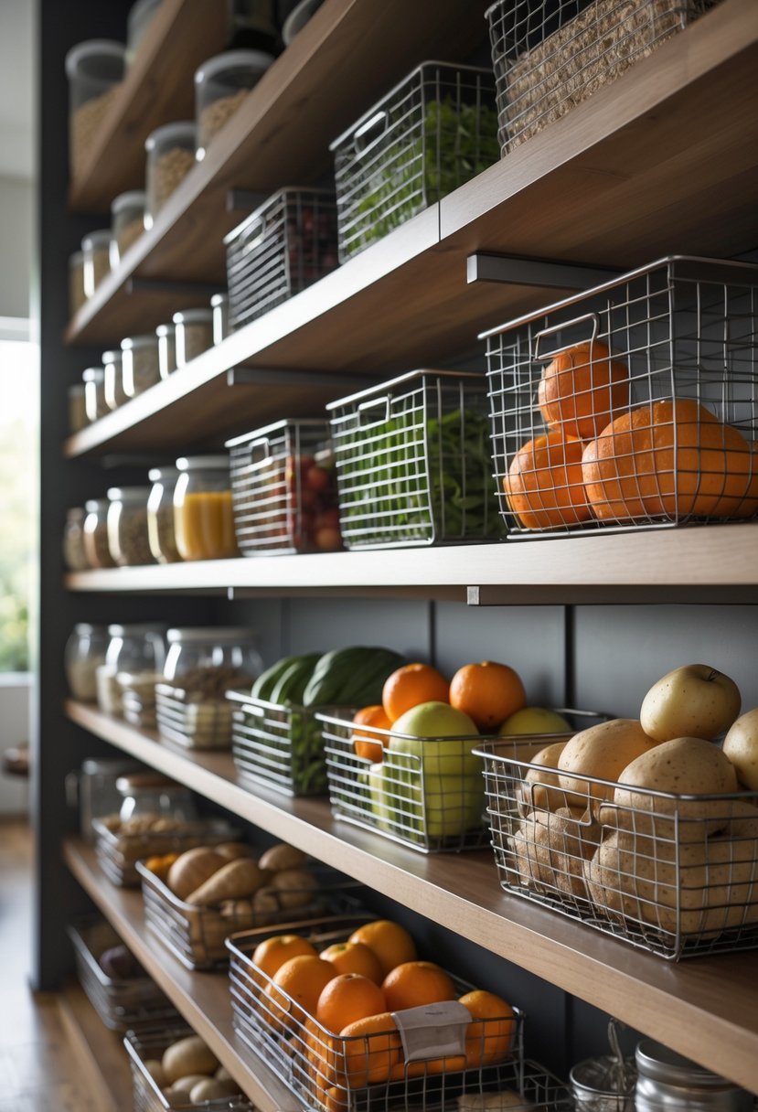 A kitchen pantry with wire baskets holding fresh produce on wooden shelves.