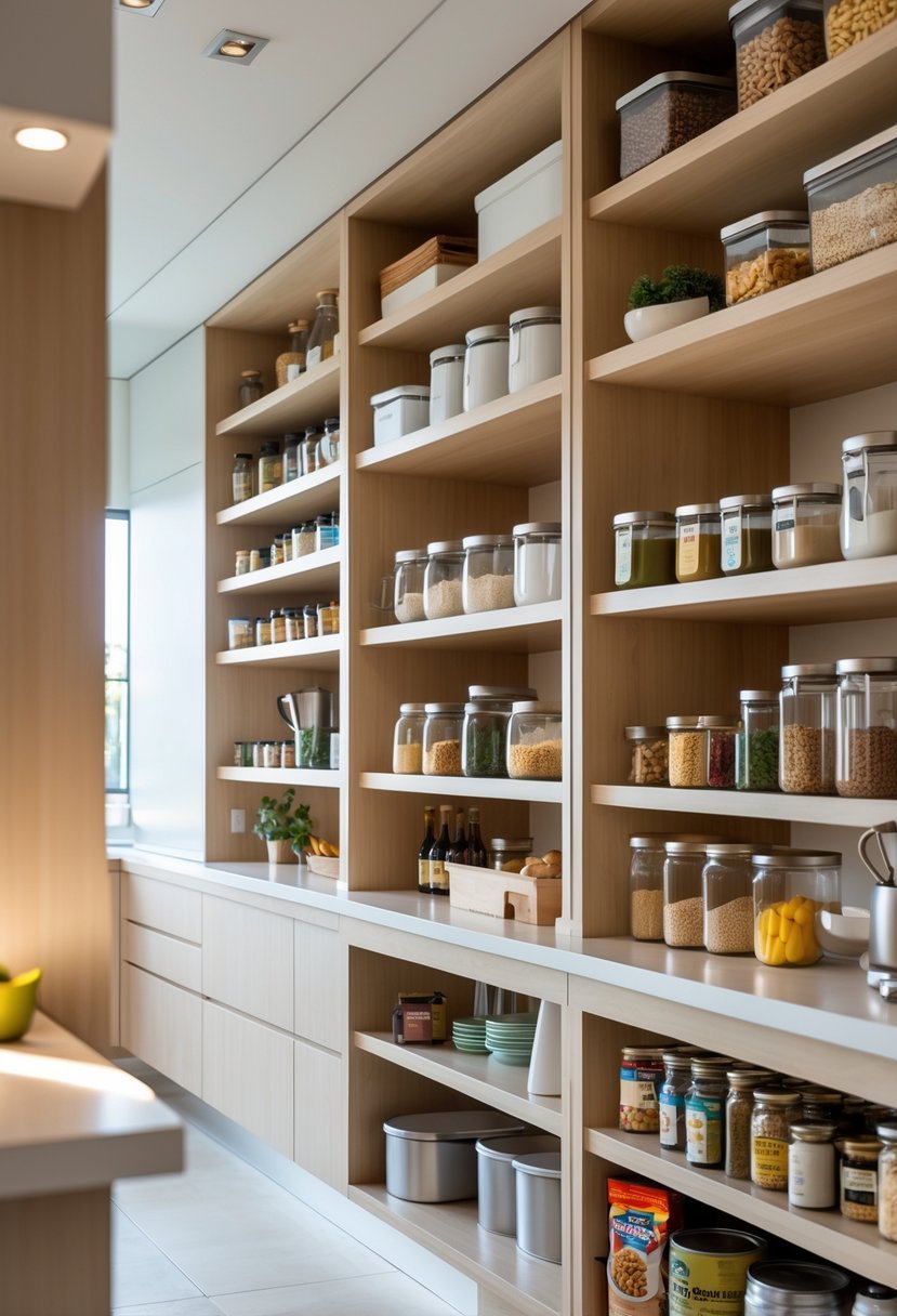 A kitchen with tall pantry shelves filled with organized food containers and jars.