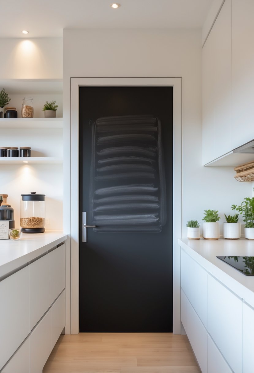 A kitchen pantry with a door that has a chalkboard or whiteboard surface, surrounded by organized kitchen cabinets and countertop items.