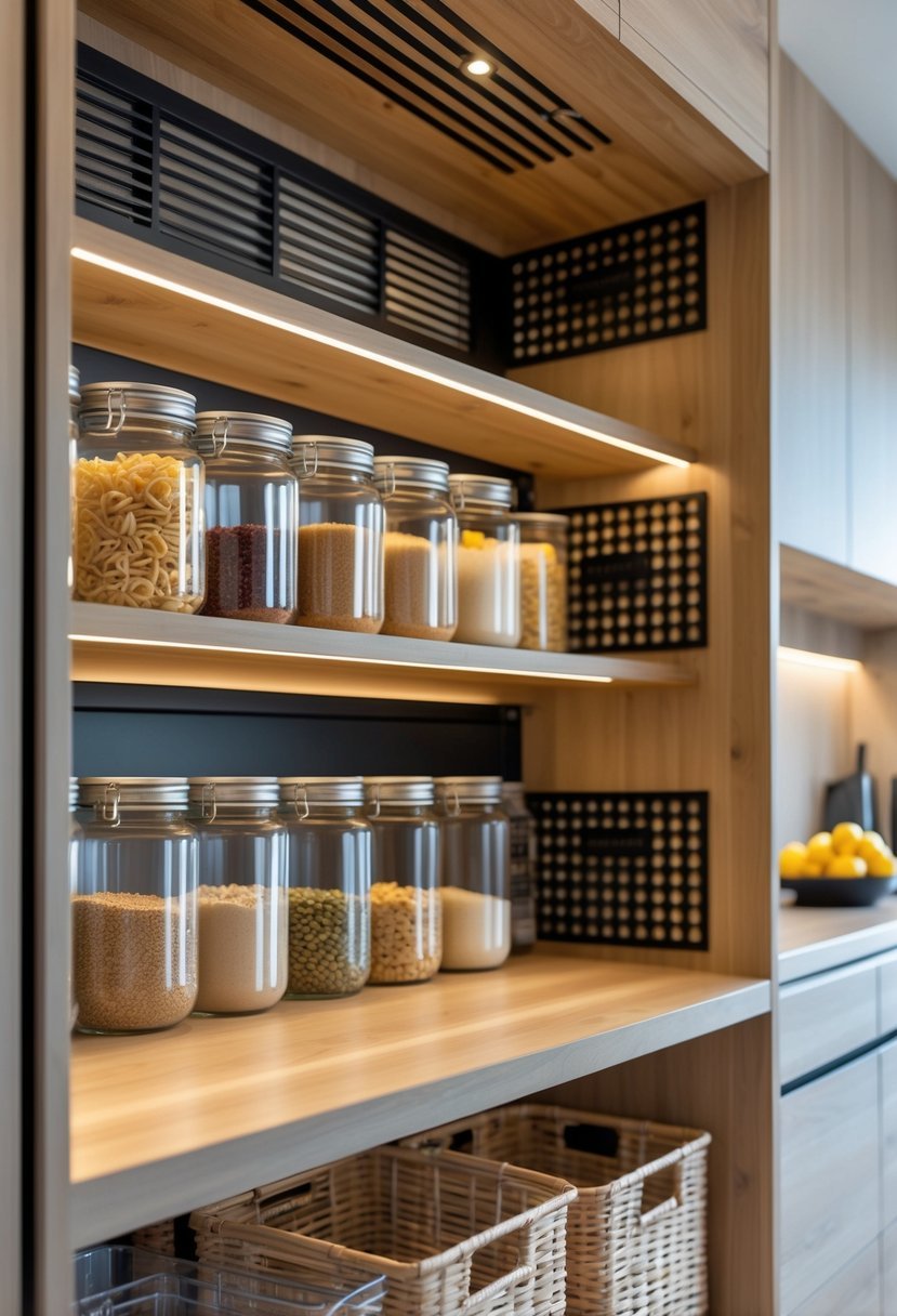 A well-organized kitchen pantry with wooden shelves and moisture control vents, containing jars and containers of dry food items.