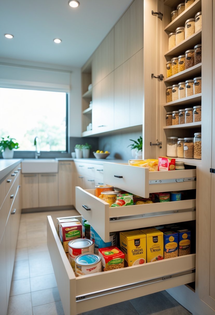 A kitchen pantry with deep drawers open, showing organized bulk food items inside.