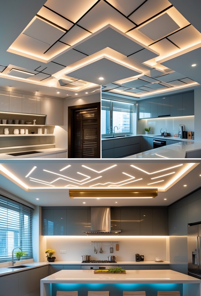 A modern kitchen interior showing multiple unique pop ceiling designs with recessed lighting and clean countertops.