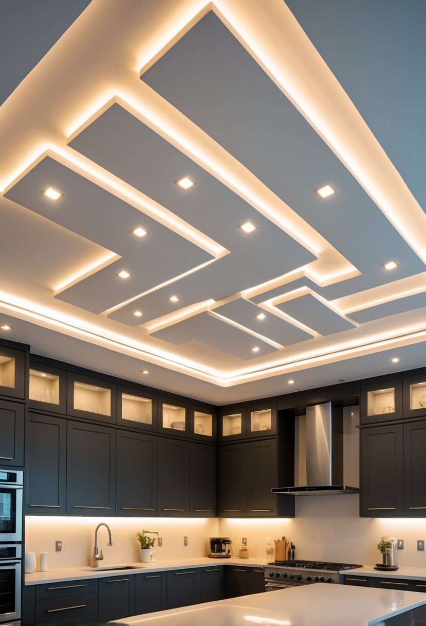 A modern kitchen with a false ceiling featuring recessed LED lighting illuminating the space.