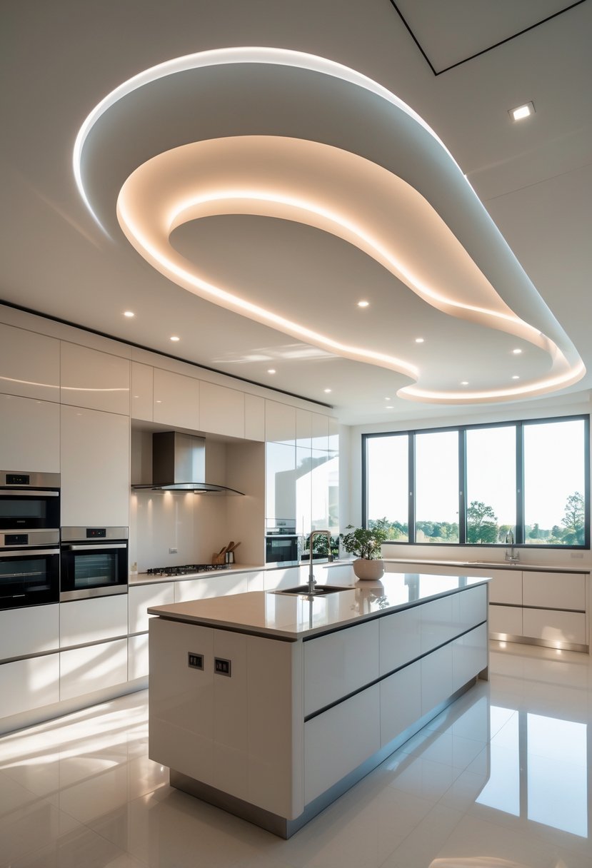 A bright kitchen interior with a curved ceiling design and modern furnishings.