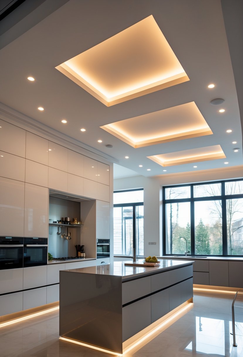 A modern kitchen with a tray ceiling featuring indirect lighting and a spacious island.