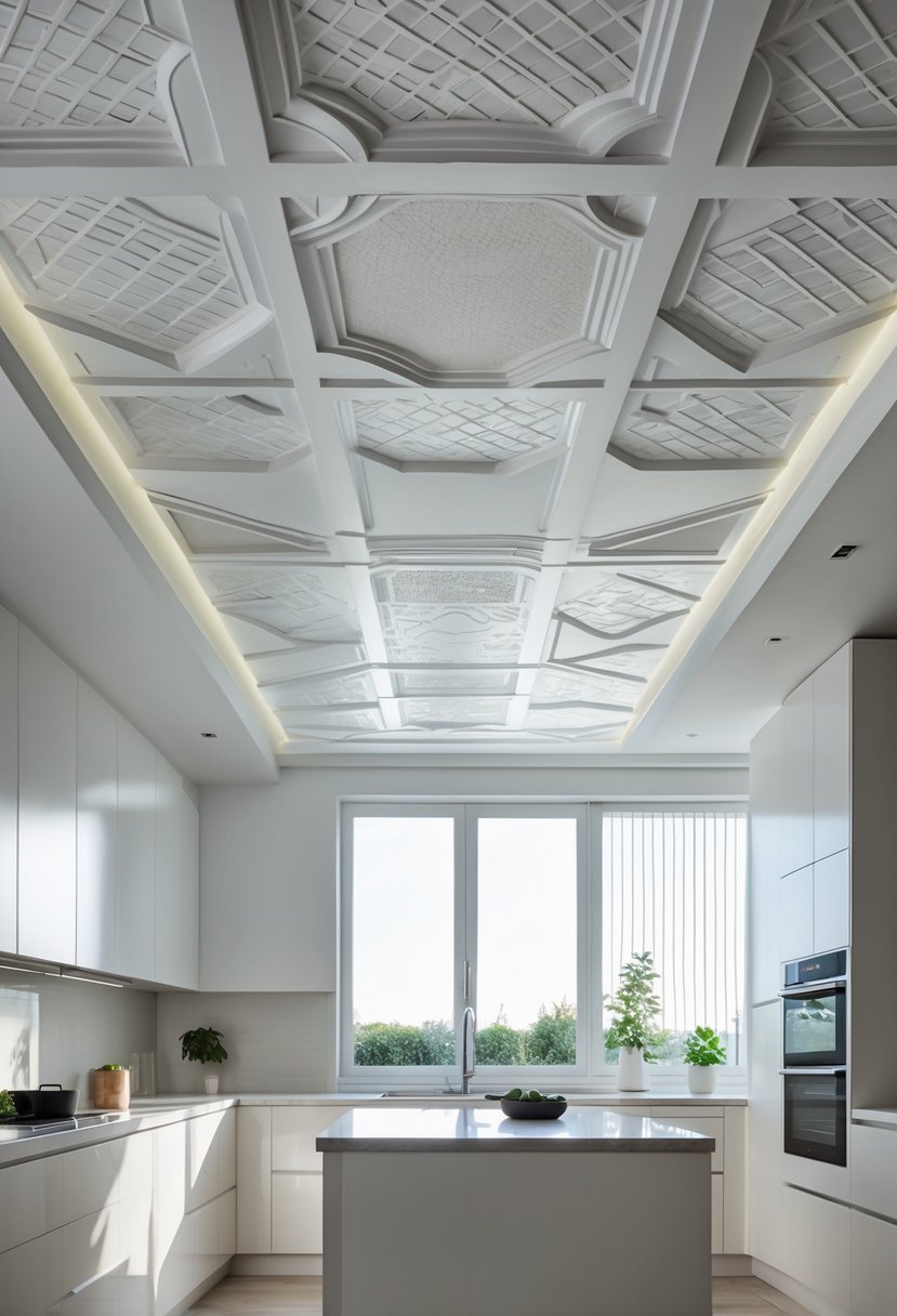 A bright kitchen with a textured ceiling design and modern cabinetry.