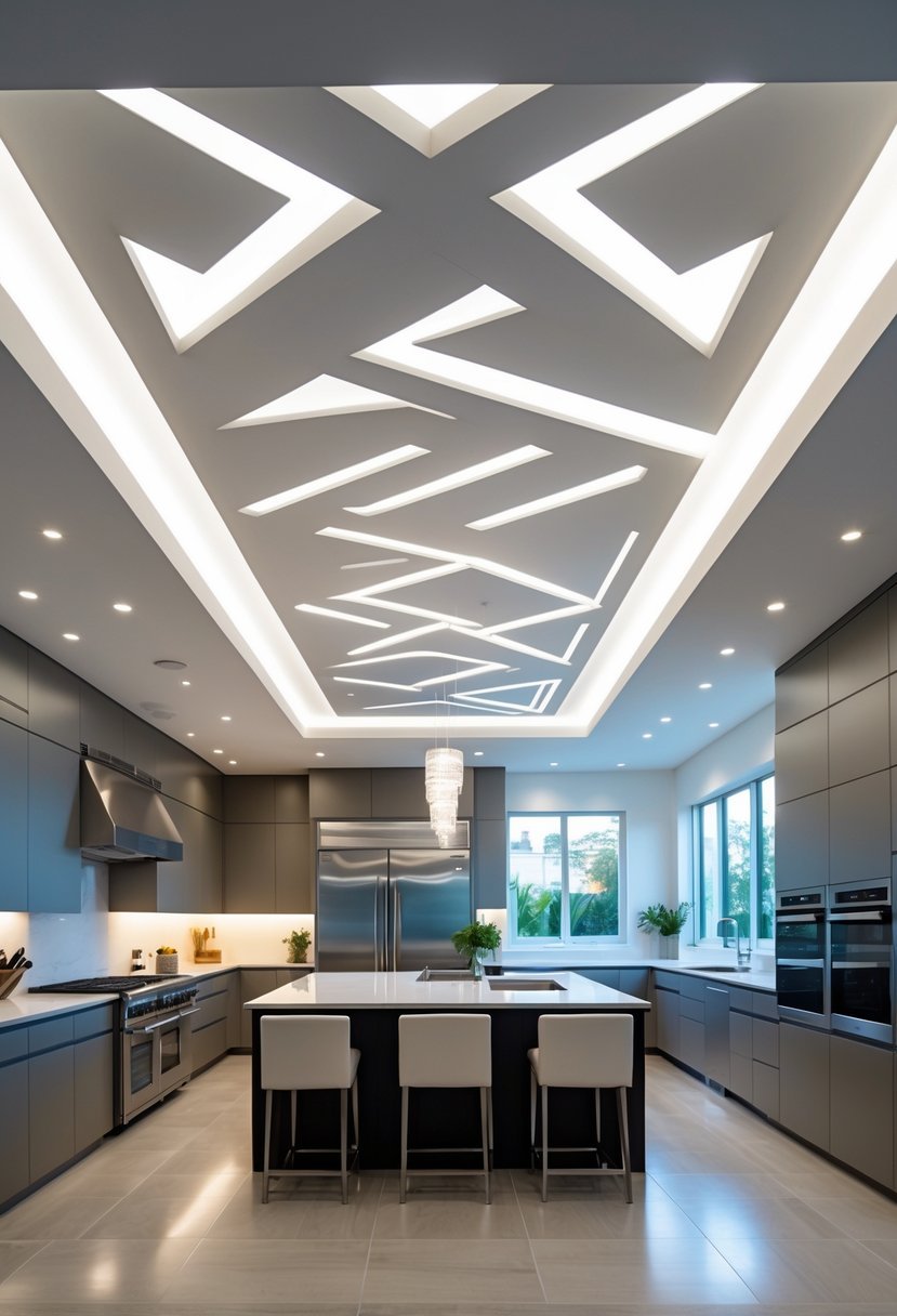 A bright kitchen interior with a modern ceiling featuring a geometric pattern above a large island and contemporary cabinets.