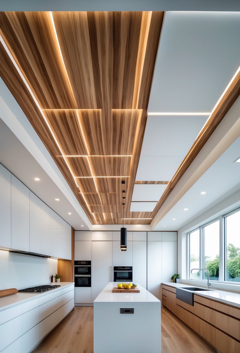 Bright modern kitchen with a wooden panel ceiling and white decorative ceiling elements, featuring a central island and large windows.