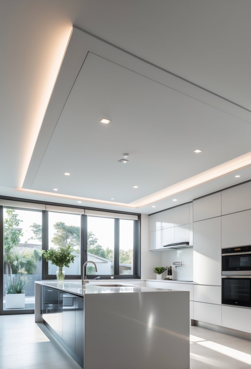 A bright kitchen with a flat white ceiling and recessed lights, featuring a kitchen island and modern appliances.