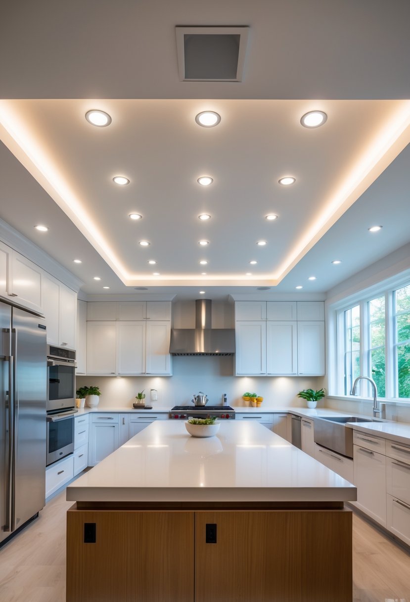 Modern kitchen with a white POP ceiling featuring embedded spotlights and contemporary furnishings.