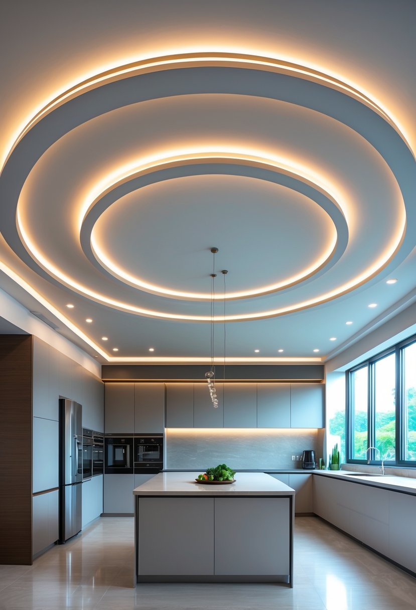 A modern kitchen with a circular false ceiling design and recessed lighting above a central island.