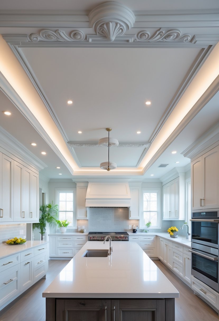 A bright modern kitchen with a white ceiling featuring decorative cornices and molding, natural light, and sleek cabinetry.