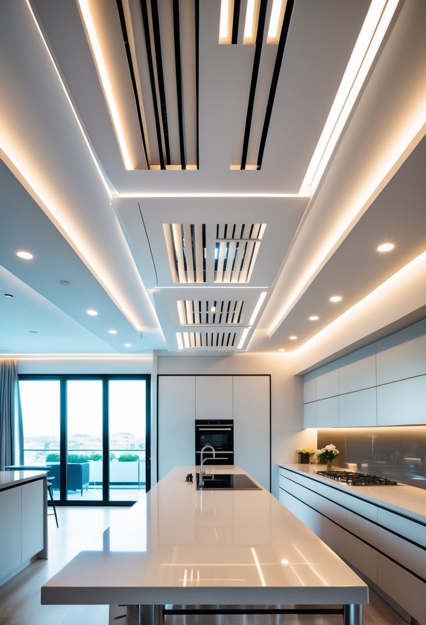 Modern kitchen interior with a false ceiling featuring integrated ventilation slots and recessed lighting.