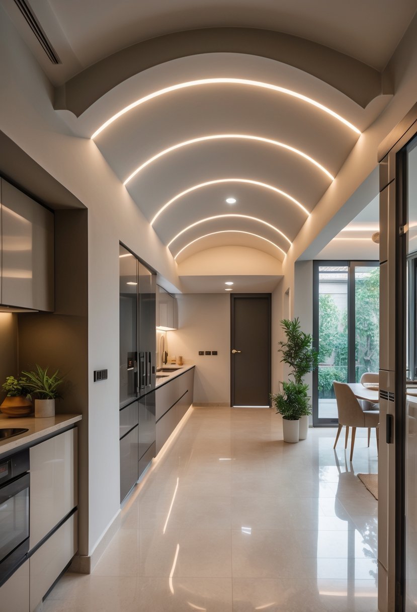 A modern kitchen entryway with a curved ceiling arch and recessed lighting above the doorway, leading into a bright kitchen with cabinets and appliances.
