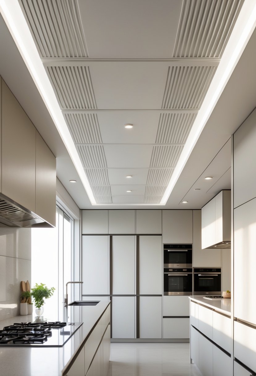 Modern kitchen interior featuring a symmetrical ceiling and wall design with a central island and minimalist cabinetry.