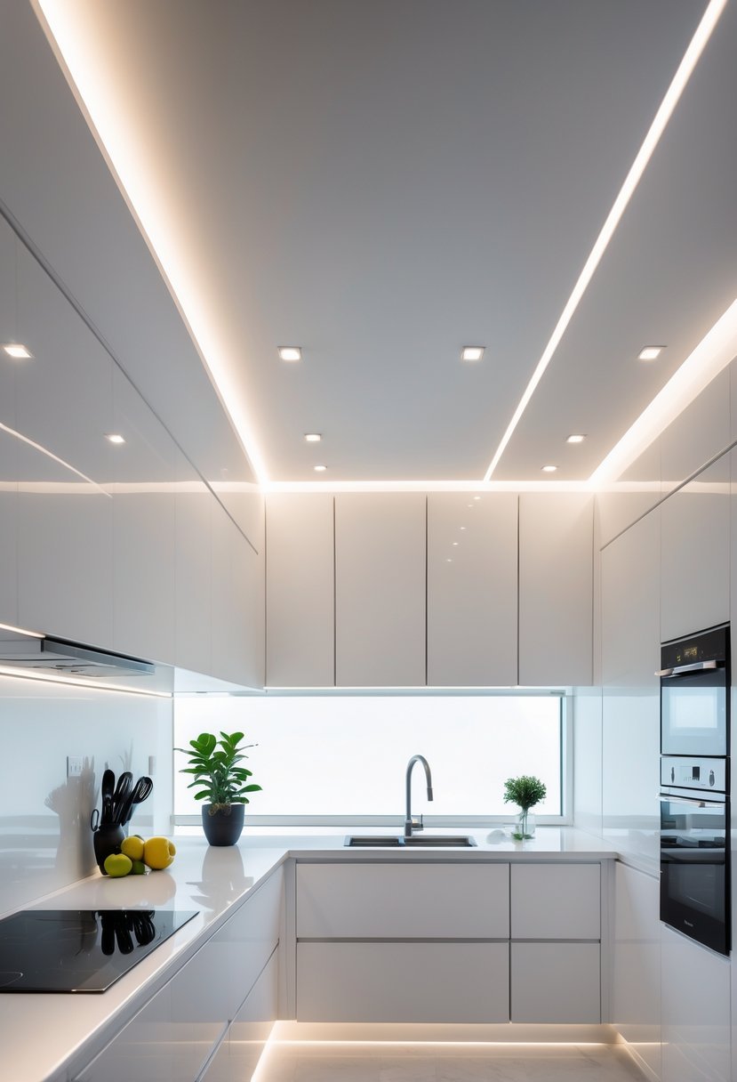 A modern kitchen with a white ceiling featuring hidden cabinets and recessed lighting above a countertop with built-in appliances.