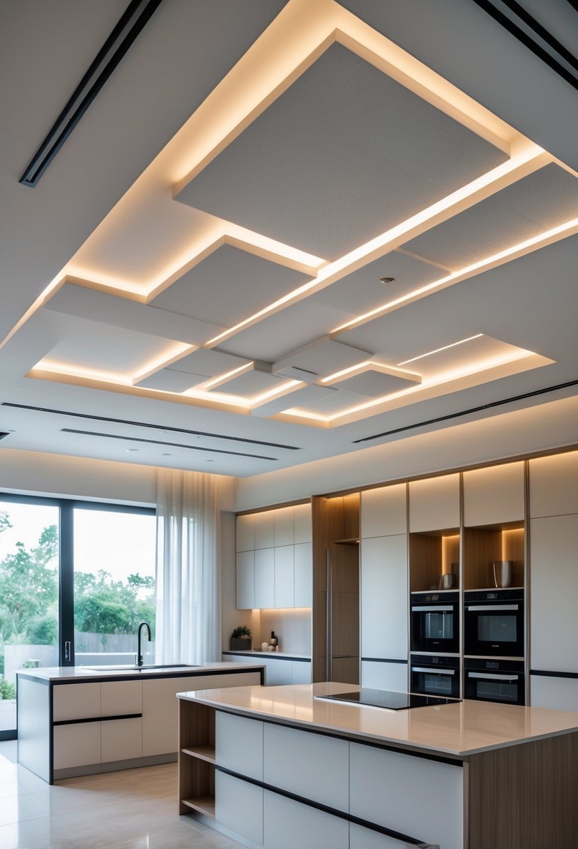 A modern kitchen with a false ceiling featuring acoustic panels and recessed lighting.