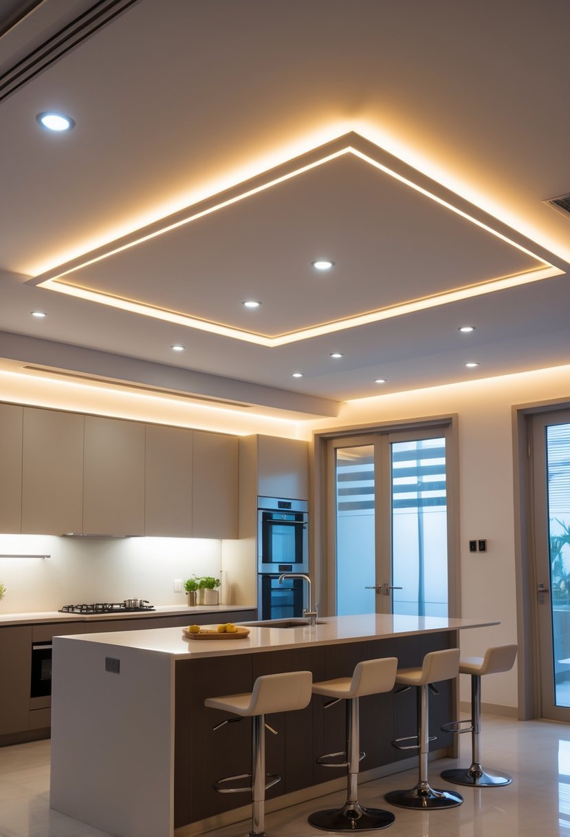 A modern kitchen with a well-lit island under a ceiling featuring recessed lighting.