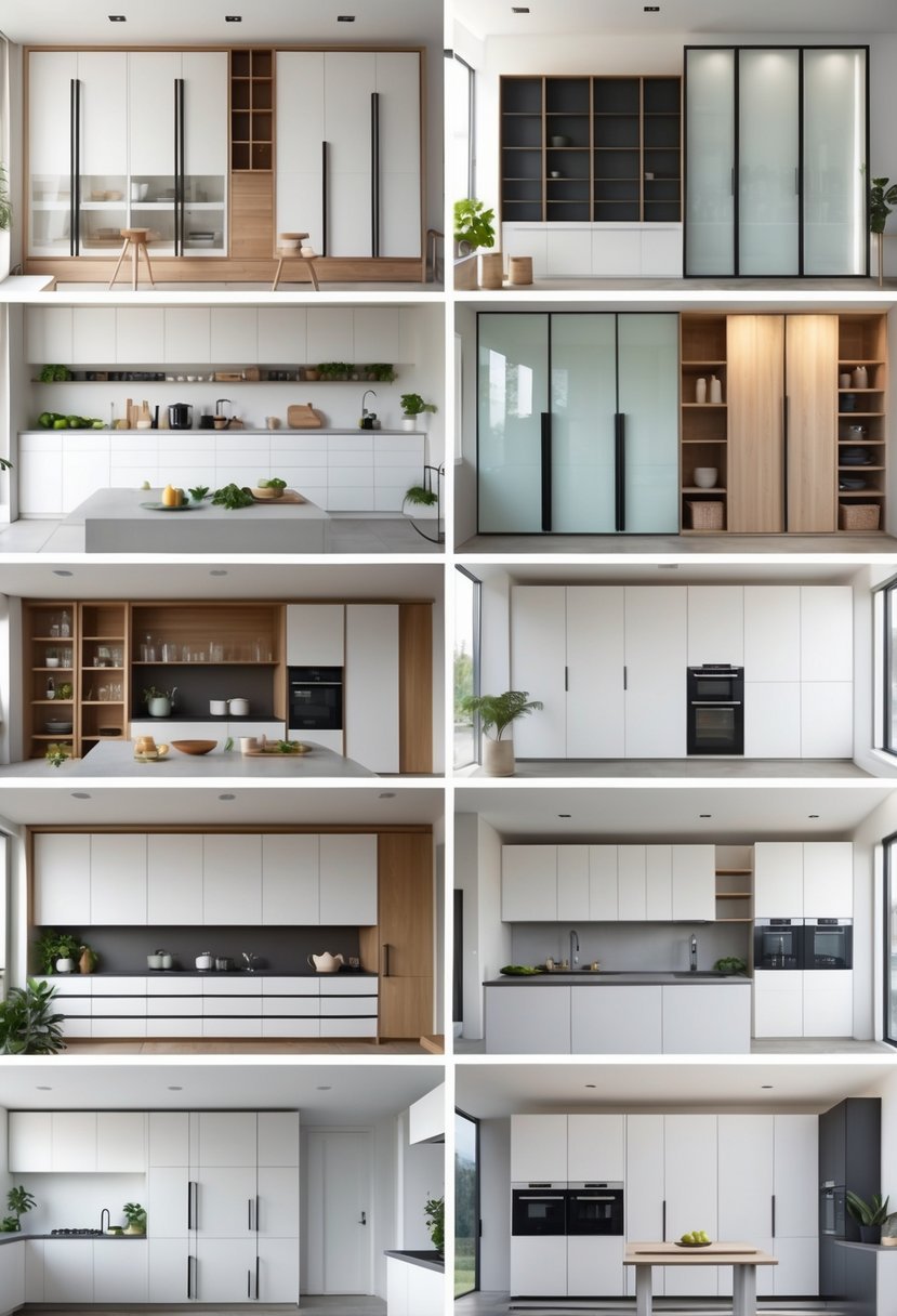 A spacious kitchen showing 17 different kitchen wardrobes with various designs, materials, and colors arranged along the walls and island.