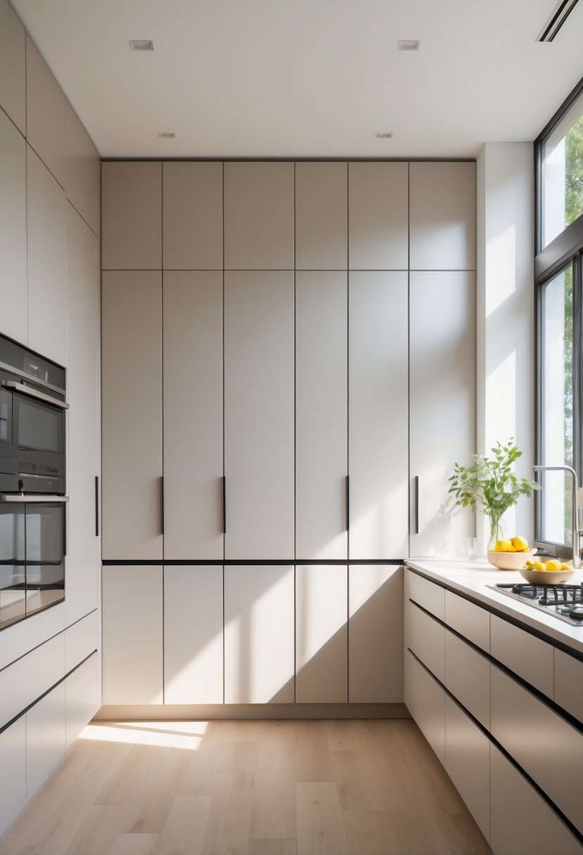 A modern kitchen with built-in floor-to-ceiling wardrobes providing ample storage space and a clean countertop.